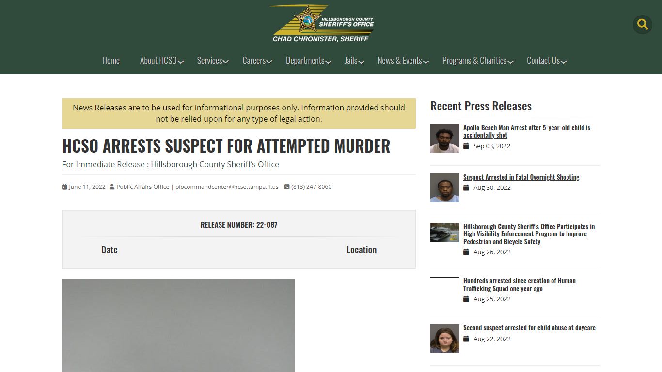 HCSO Arrests Suspect for Attempted Murder | HCSO, Tampa, FL